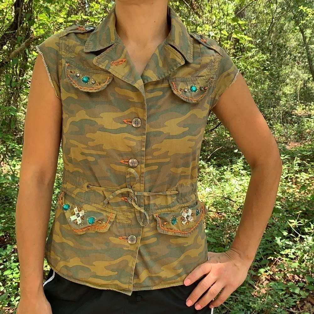 Victoria's Secret Camo Drawstring Bling Button jeweled jacket shirt vintage XS